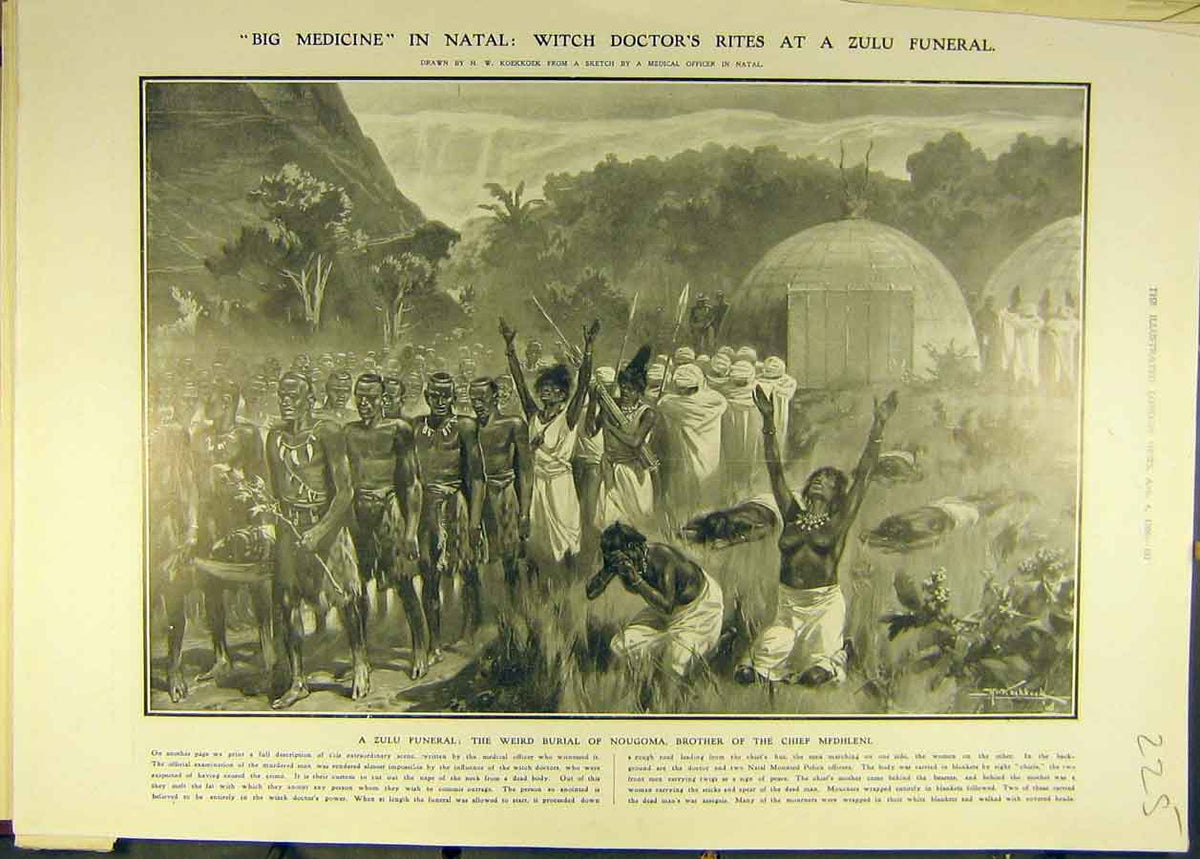 Original Old Antique Print 1906 Natal Witch-Doctors Rites Zulu Funeral Nougoma