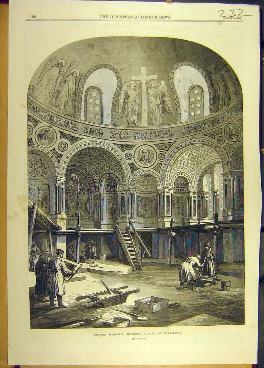 Original Old Antique Print 1869 Russian Memorial Military Chapel Sebastopol 19th