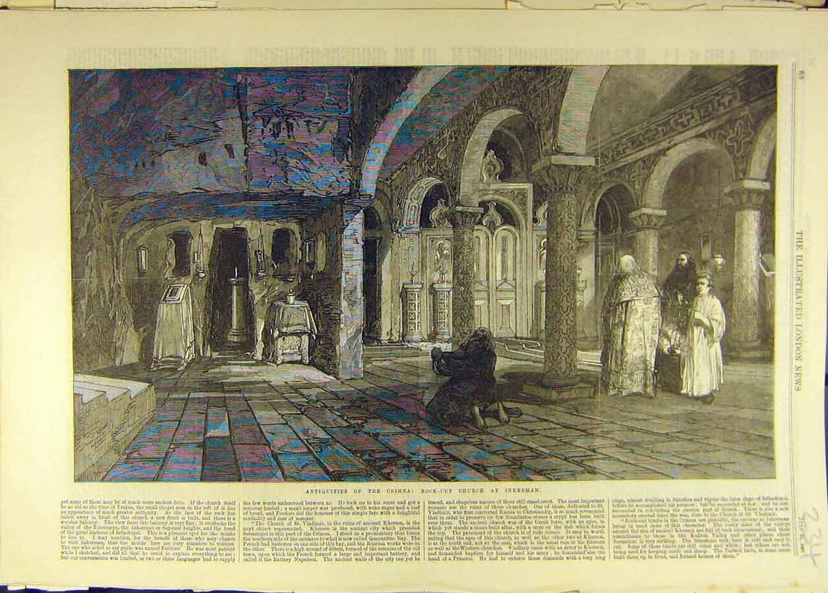 Original Old Antique Print 1869 Antiquities Crimea Rock-Cut Church Inkerman 19th