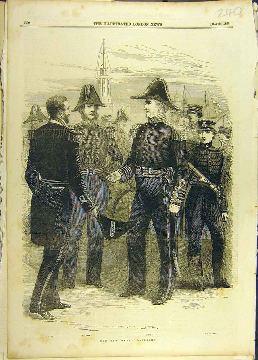 Original Old Antique Print 1856 Naval Uniforms Captain Admiral Midshipman 19th