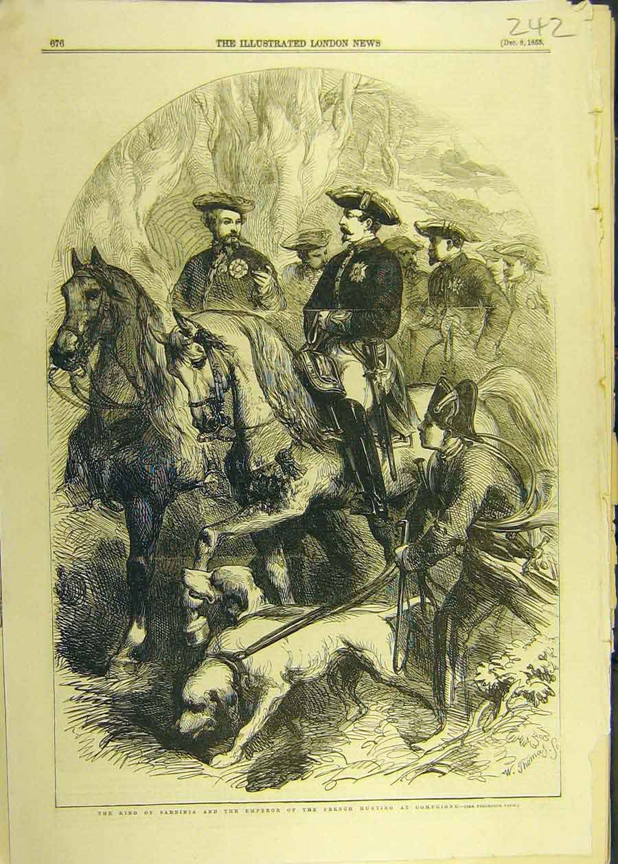 Original Old Antique Print 1855 King Sardinia Emperor French Hunting Compeigne