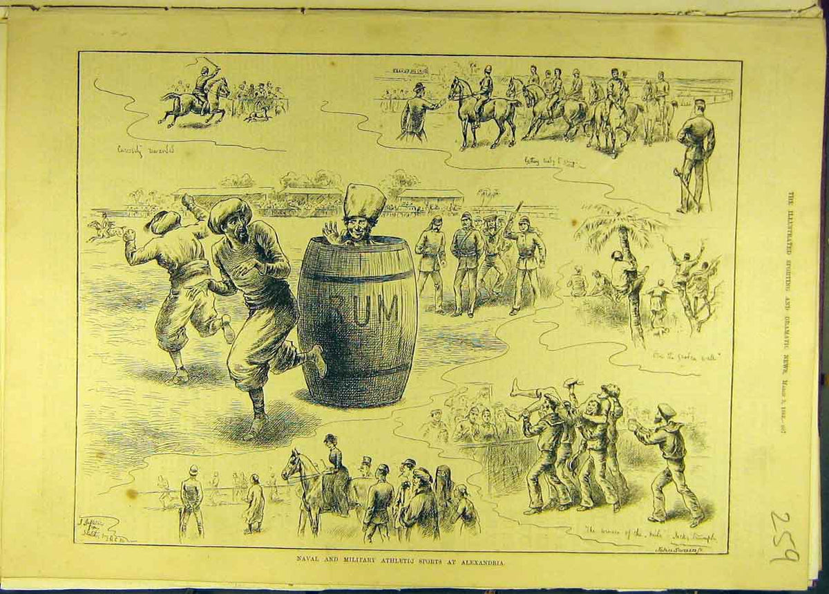 Original Old Antique Print 1883 Naval Military Athletic Alexandria Races Sport