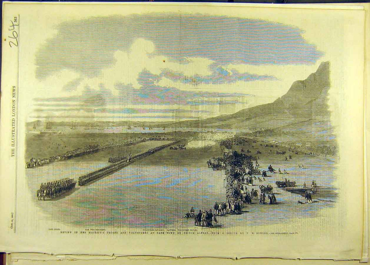 Original Old Antique Print 1860 Review Troops Volunteers Cape-Town Africa Bowler
