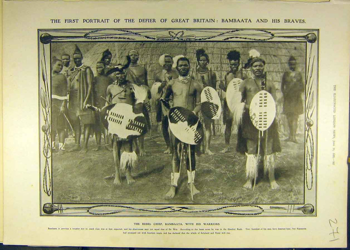 Original Old Antique Print 1906 Portrait Bambaata Braves Rebel Chief Warriors