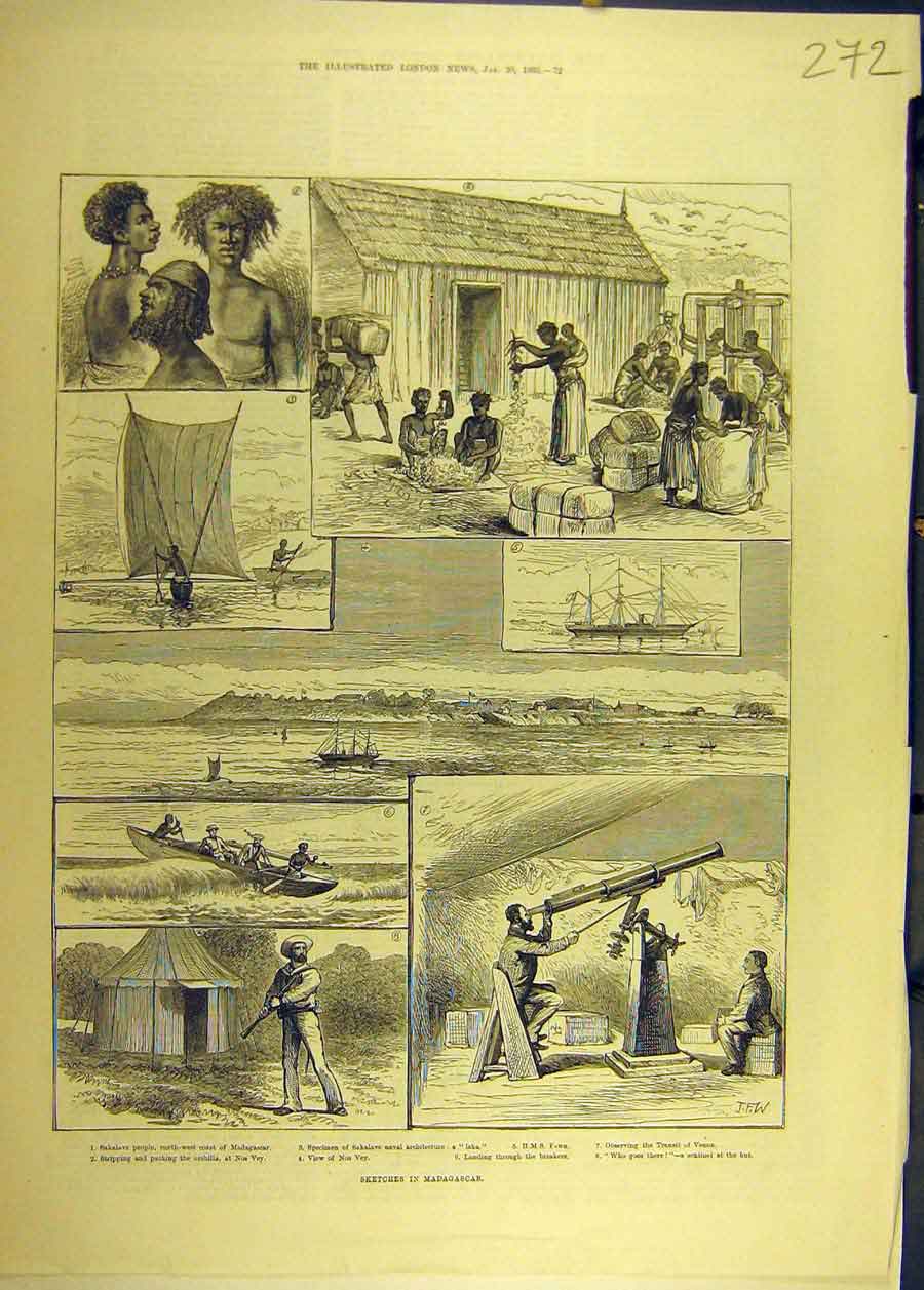 Original Old Antique Print 1883 Sketches Madagascar Africa Sakalave Hms Fawn