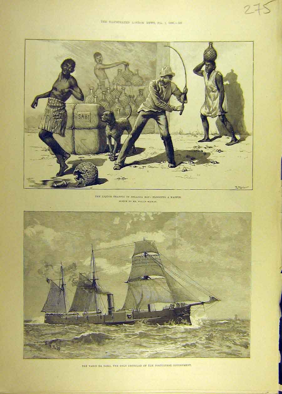 Old Antique Print 1890 Liquor Traffic Delagoa Bay Flogging Vasco-Da-Gama 19th