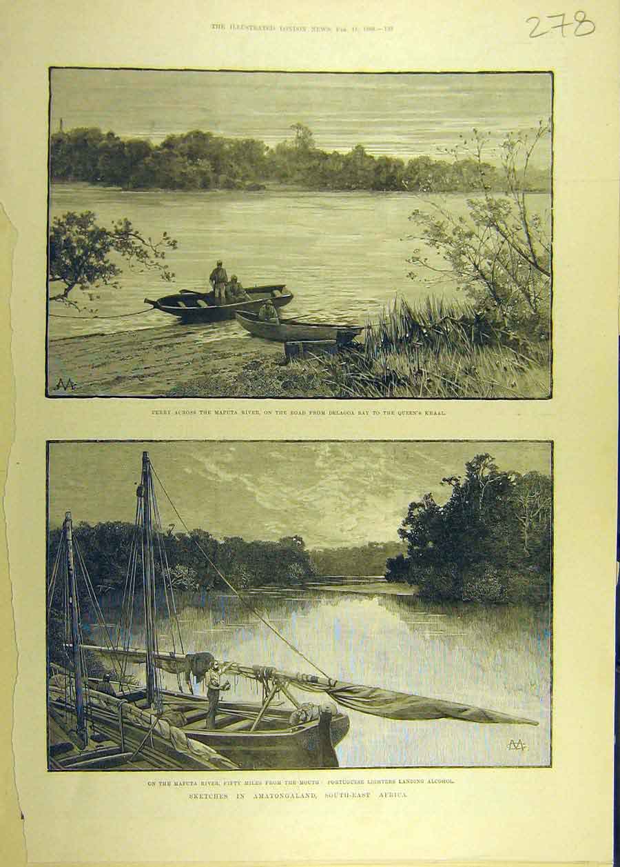 Original Old Antique Print 1888 Ferry Maputa River Delagoa Amatongaland Africa