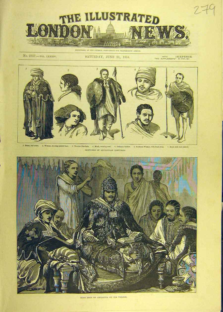 Original Old Antique Print 1884 Sketches Abyssinian Costumes King John Throne