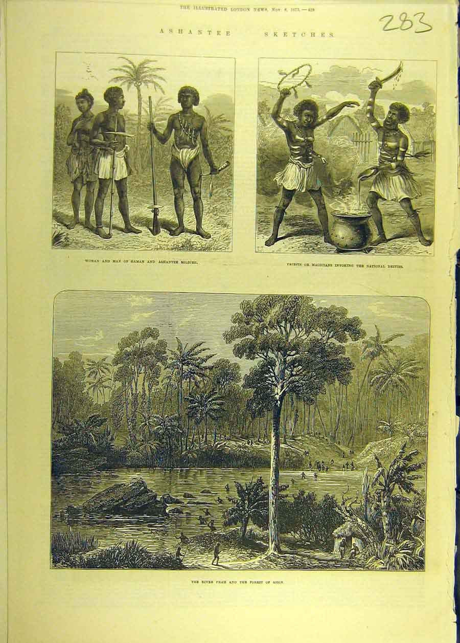 Original Old Antique Print 1873 Ashantee Sier Priest Magicians River Prah Assin