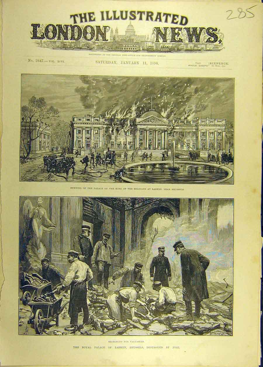 Original Old Antique Print 1890 Palace Fire King Belgians Laeken Brussels Ruins