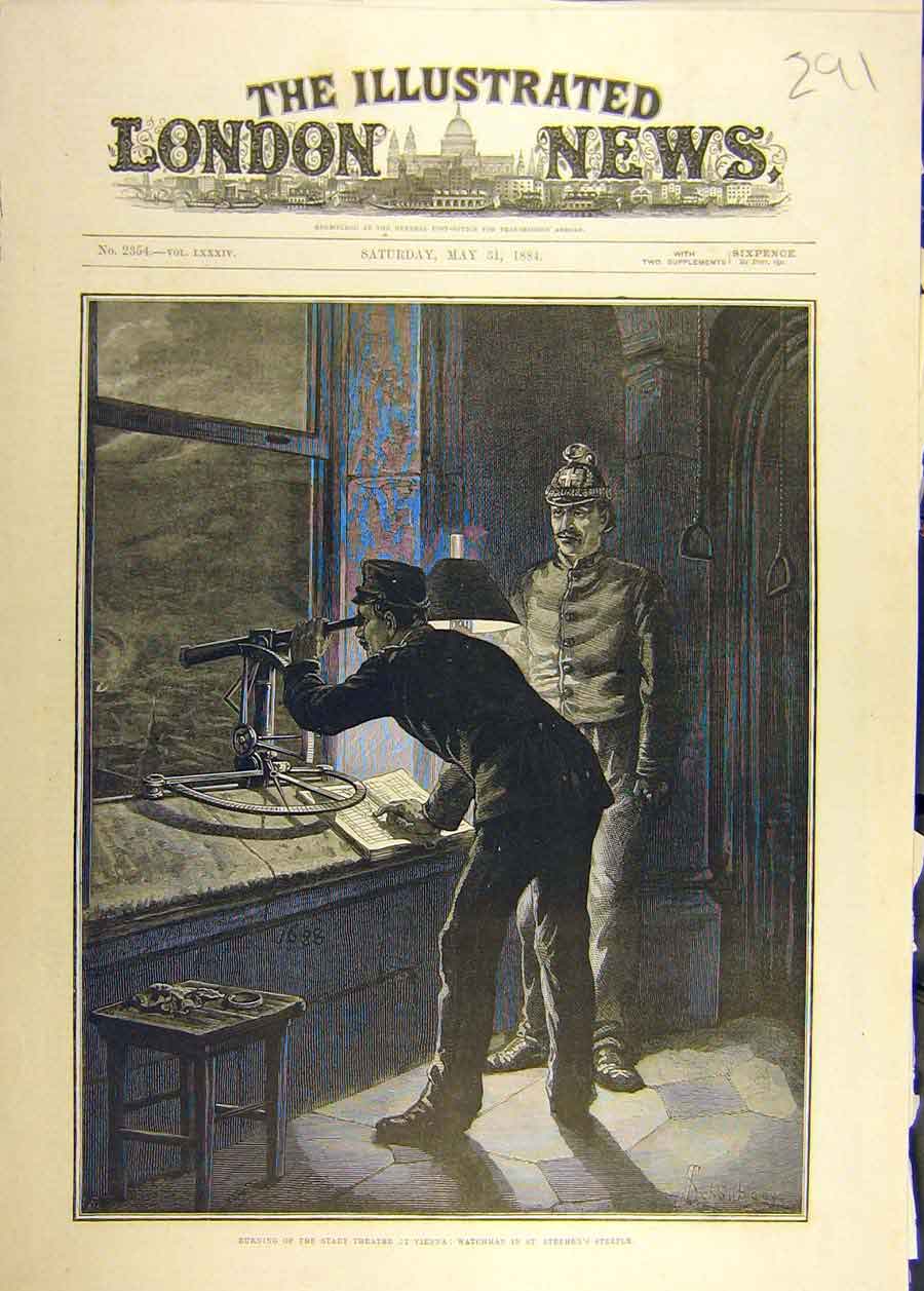 Original Old Antique Print 1884 Stadt Theatre Vienna Fire Watchmen Steeple 19th