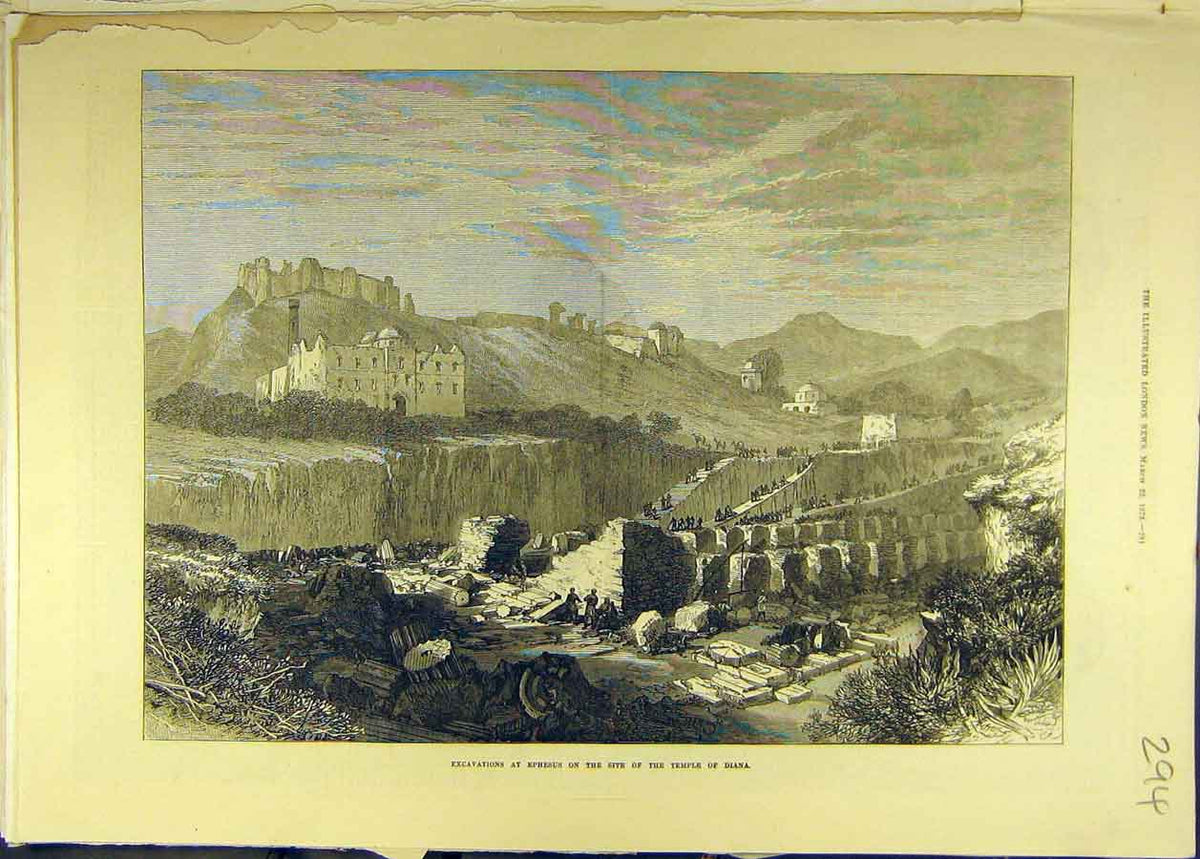 Original Old Antique Print 1873 Excavations Temple Diana Ruins Building 19th