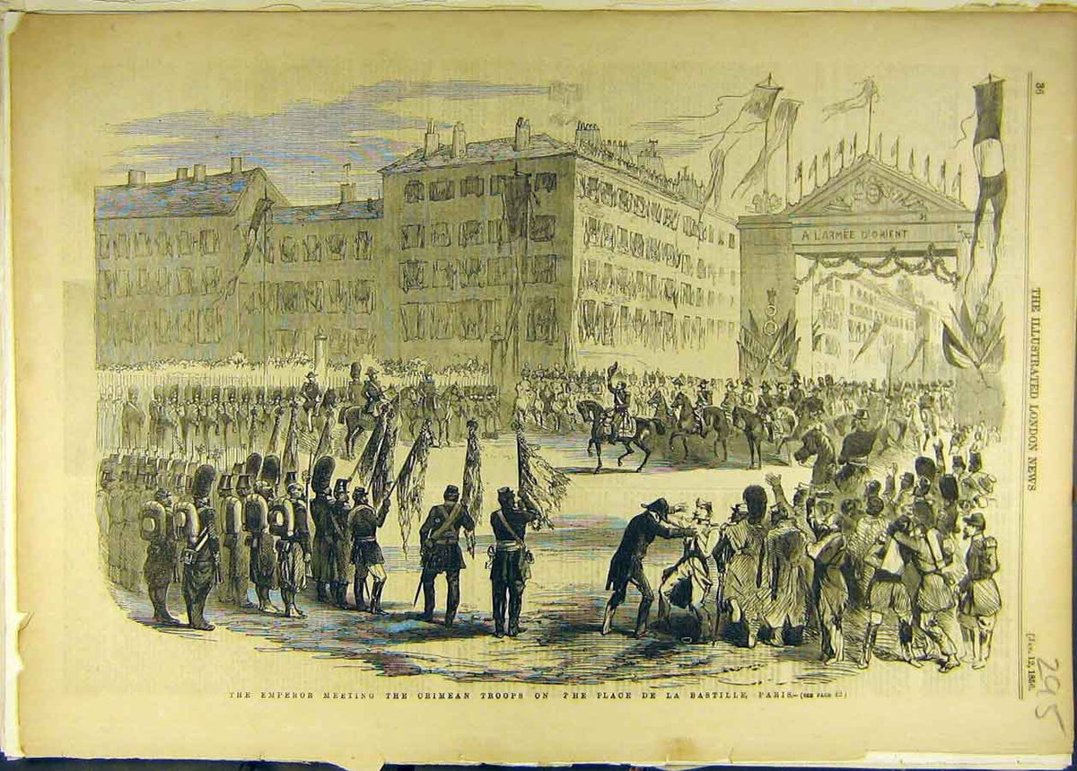 Original Old Antique Print 1856 Emperor Crimean Troops Place-De-Bastille Paris