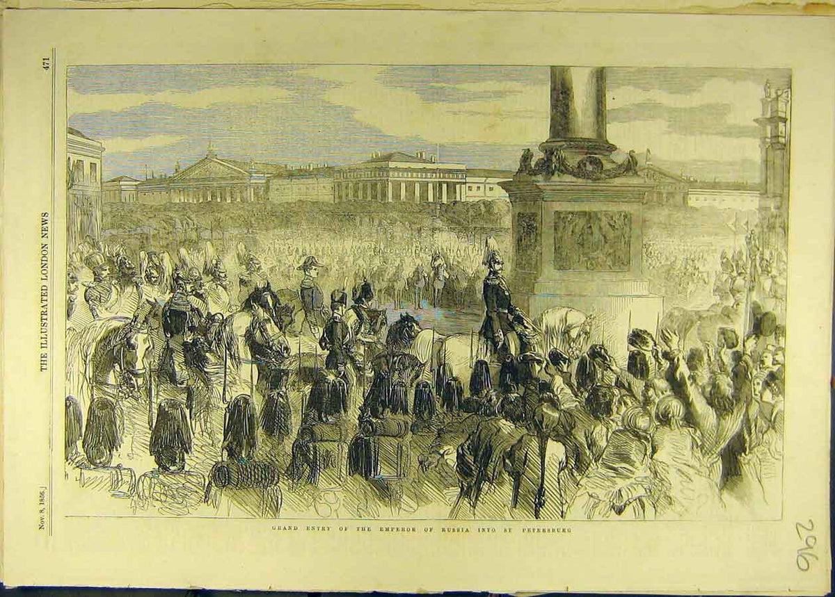Original Old Antique Print 1856 Emperor Russia St. Petersburg Procession 19th