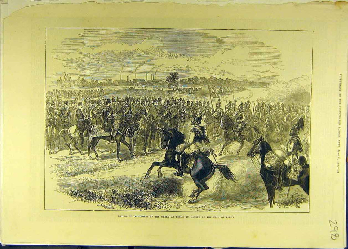Original Old Antique Print 1873 Review Cuirassiers Guard Honour Shah Persia 19th