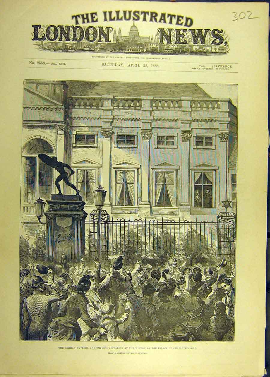 Original Old Antique Print 1888 German Emperor Empress Palace Charlottenburg