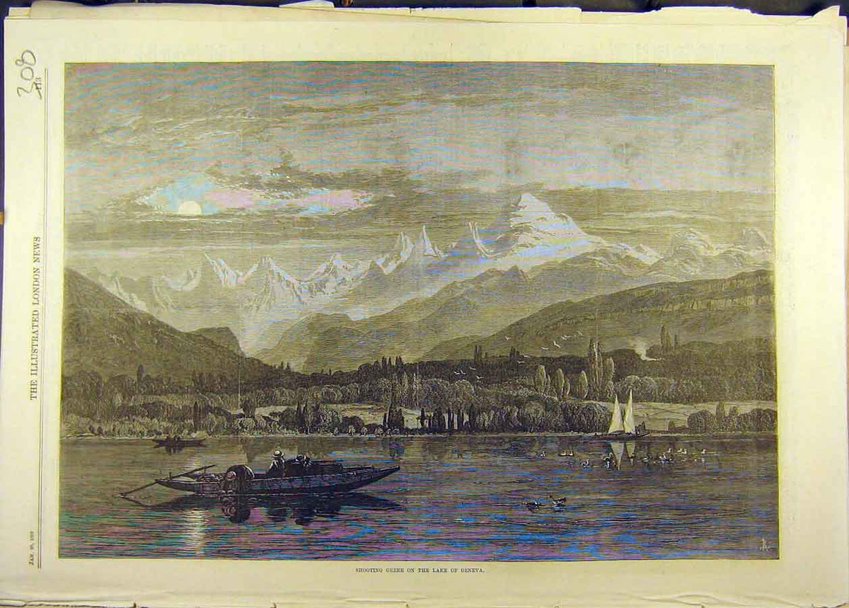 Original Old Antique Print 1870 Shooting Grebe Lake Geneva Sport 19th