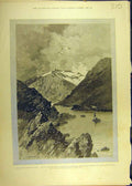 Original Old Antique Print 1888 Montbard Sketch Fjord Boat Mountains Landscape