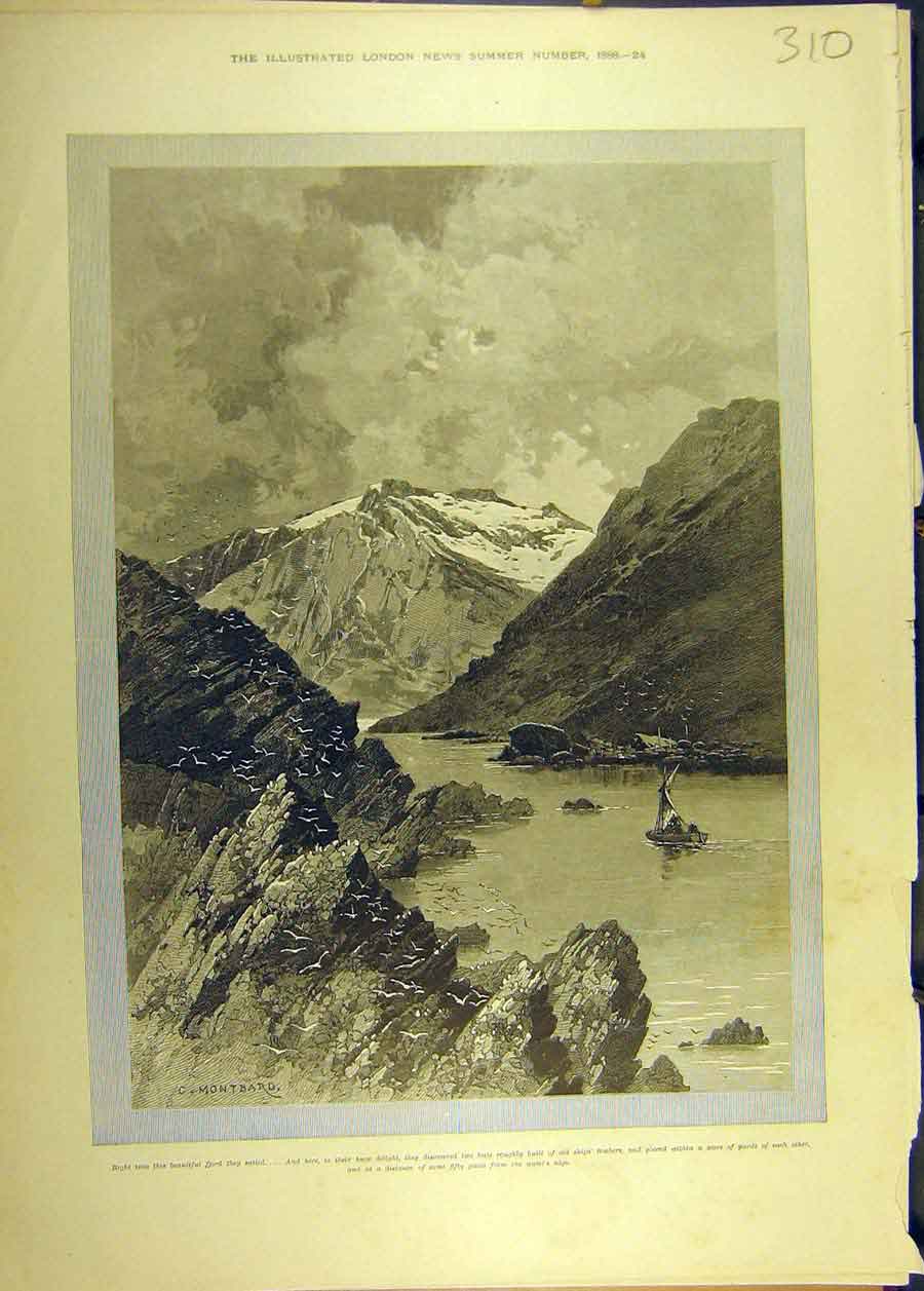 Original Old Antique Print 1888 Montbard Sketch Fjord Boat Mountains Landscape