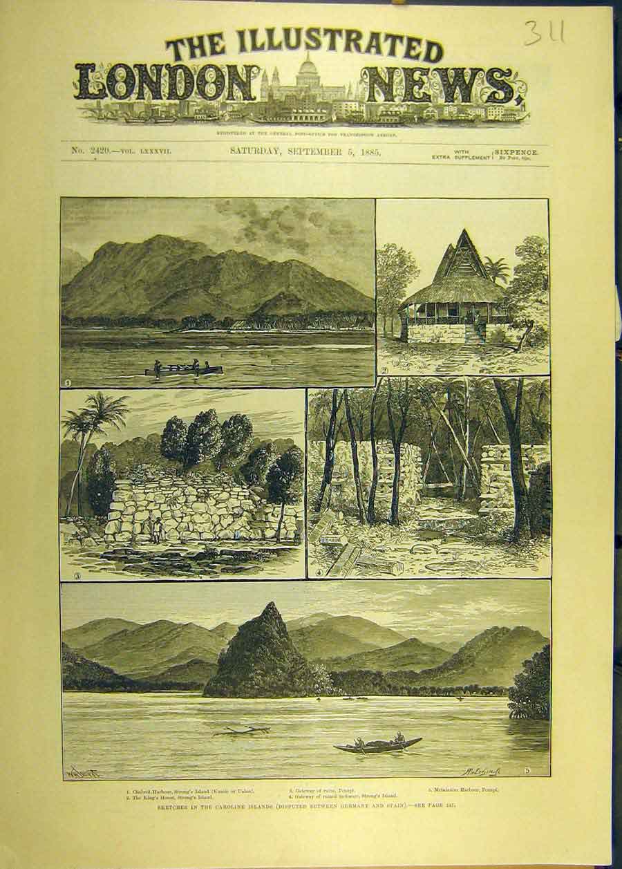 Old Antique Print 1885 Sketches Carolione Islands Germany-Spain Strong'S 19th