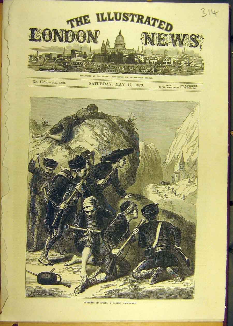 Original Old Antique Print 1873 Sketches Spain Carlist Ambuscade Spanish 19th