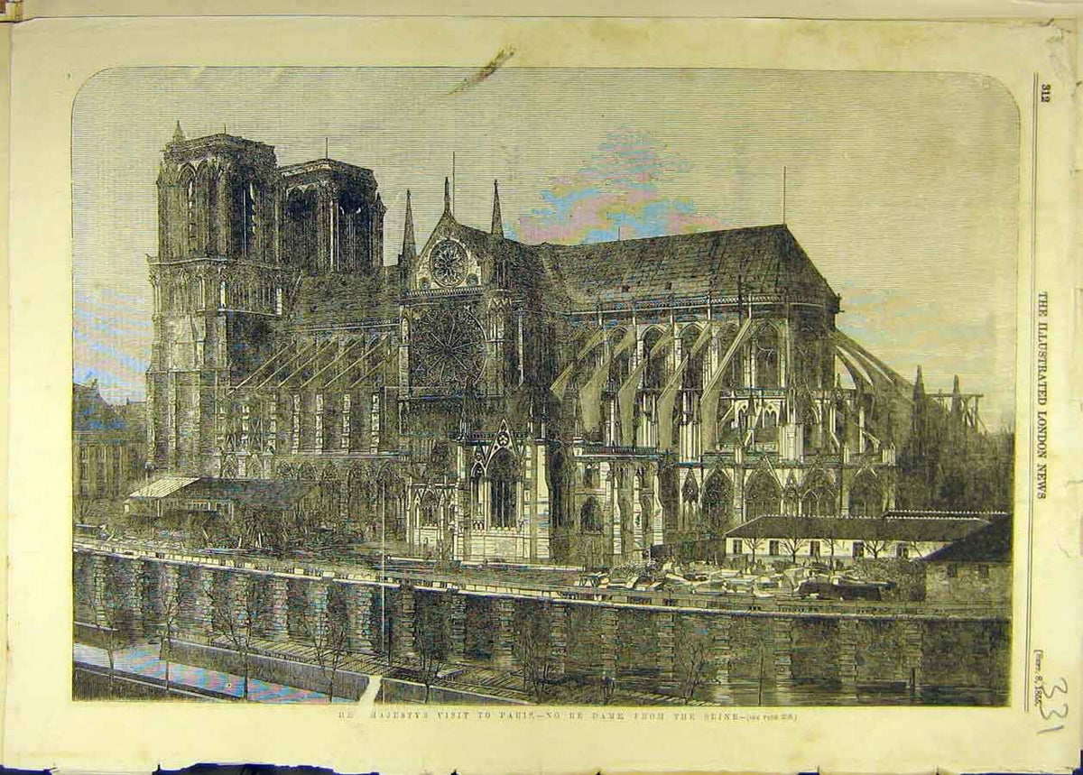 Original Old Antique Print 1855 Royal Visit Paris Notre Dame Seine Building 19th