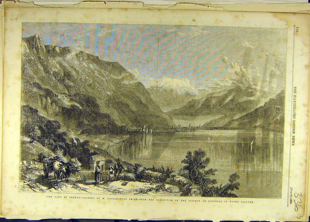 Original Old Antique Print 1856 Lake Geneva Collingwood-Smith Painting Fine Art
