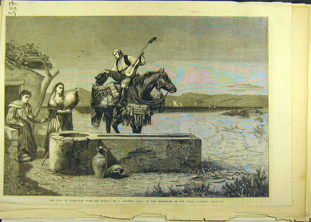 Original Old Antique Print Painting Road Gibralta Ansdell Royal Academy Fine Art