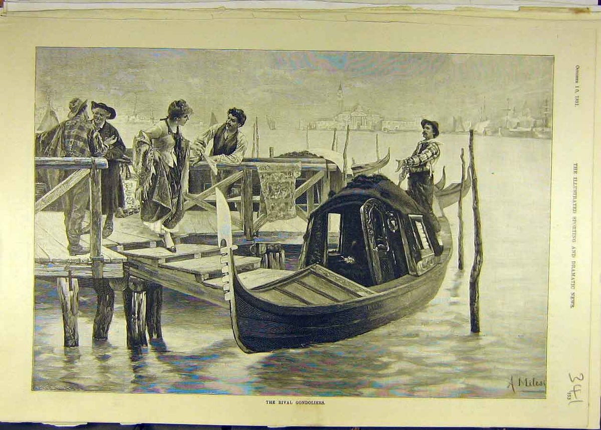 Original Old Antique Print 1891 River Gondoliers Venice Italy Boat Canal 19th