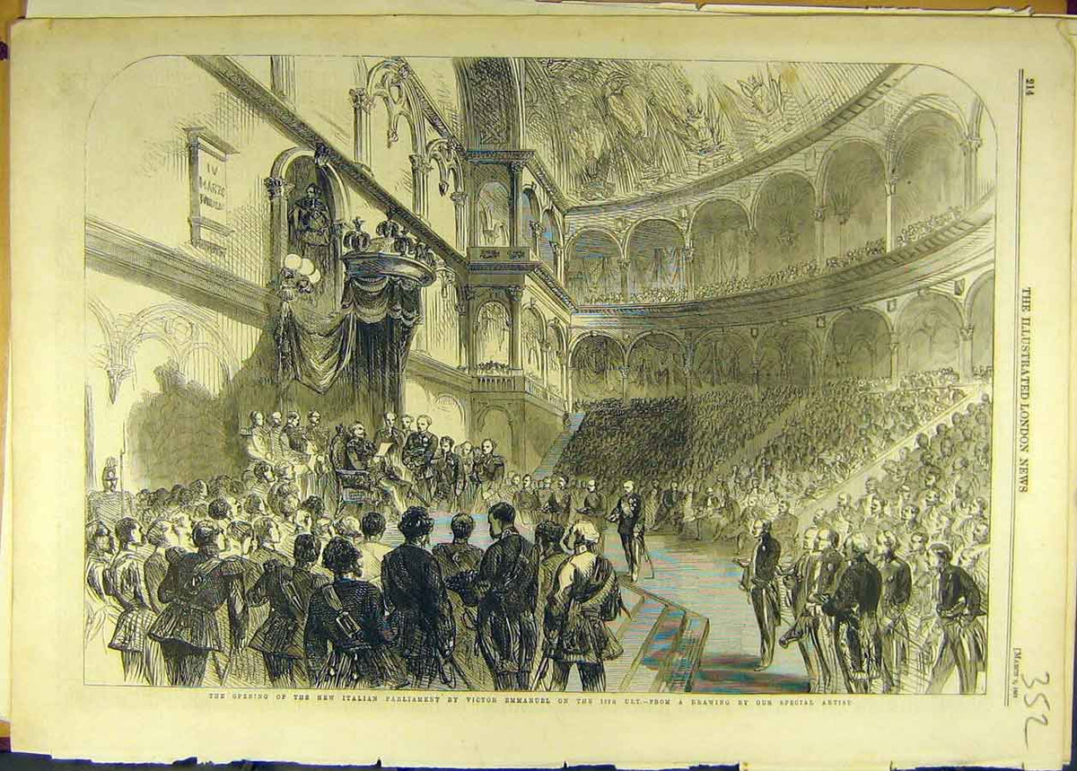 Original Old Antique Print 1861 Italian Parliament Victor Emanuel Opening New