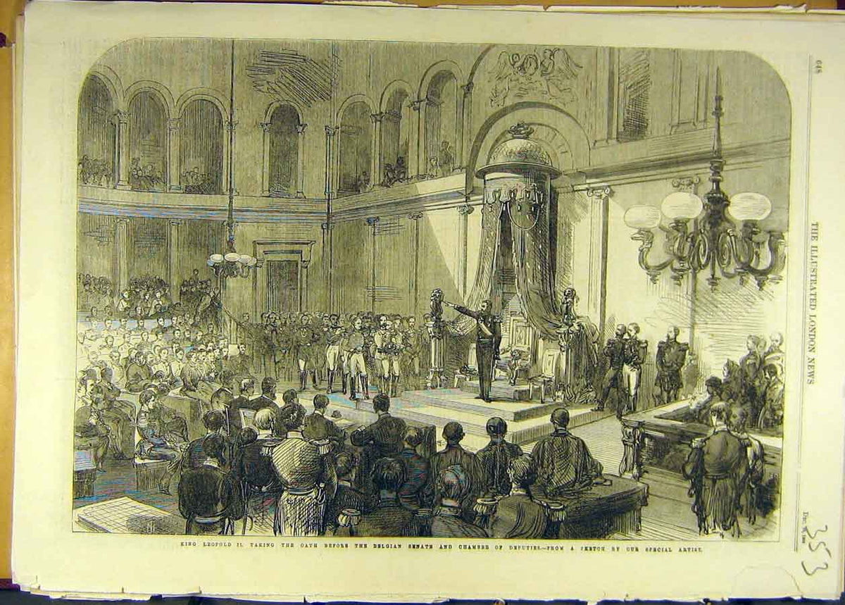 Original Old Antique Print King LeopOath Belgian Senate Chamber Deputies