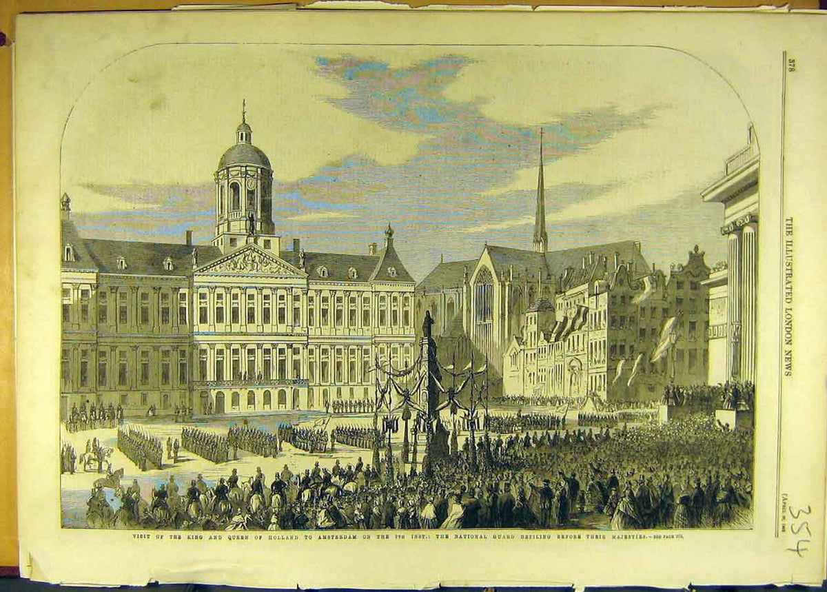 Old Antique Print 1861 King Queen Holland Visit Amsterdam National Guard 19th