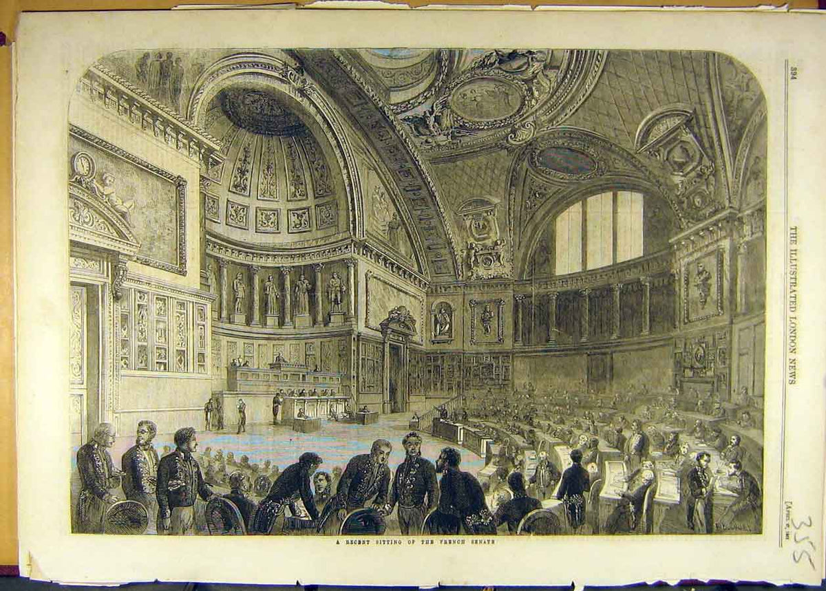 Original Old Antique Print 1861 French Senate Sitting Building Parliament 19th