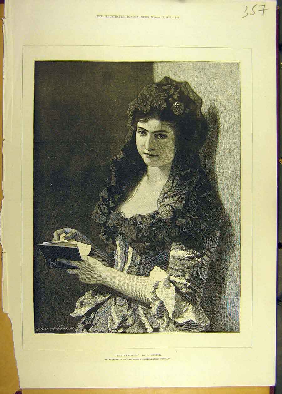 Original Old Antique Print 1877 Portrait Mantilla Becker Lady Fashion Victorian