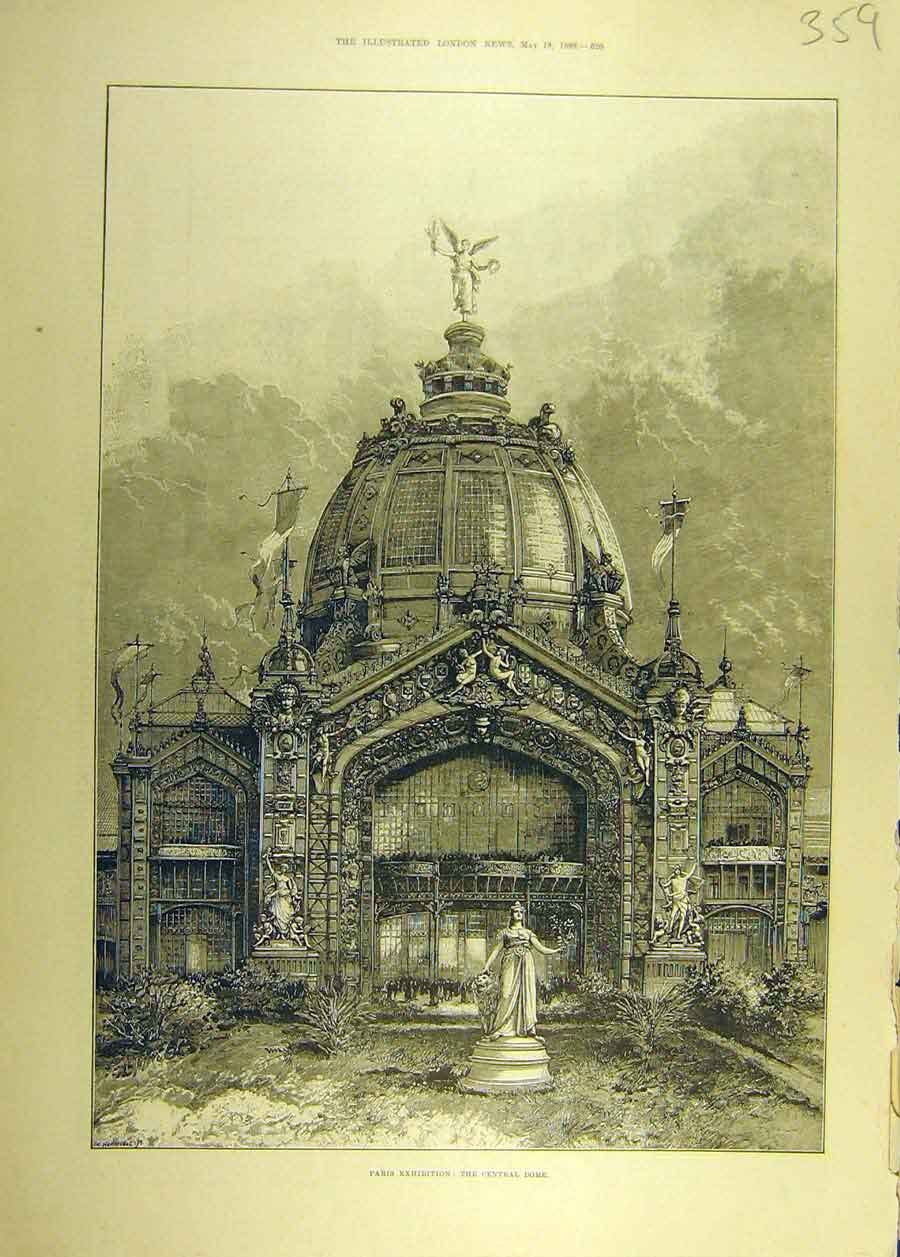 Original Old Antique Print 1889 Paris Exhibition Central Dome Building Victorian