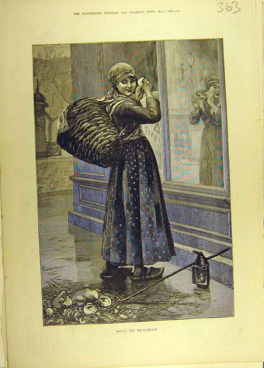 Original Old Antique Print 1880 After Masquerade Girl Clogs Basket Fashion 19th