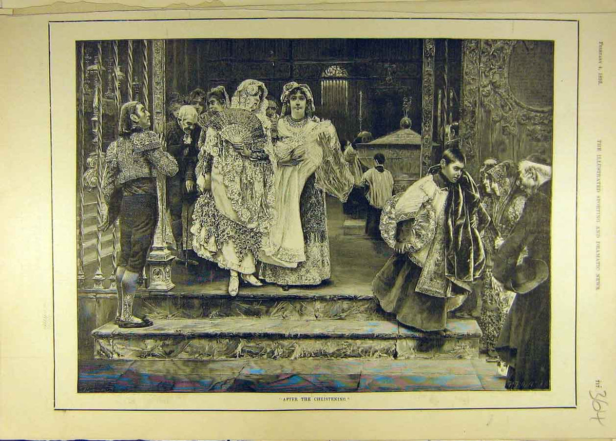 Original Old Antique Print 1893 Christening Church Fashion Dress Ladies 19th