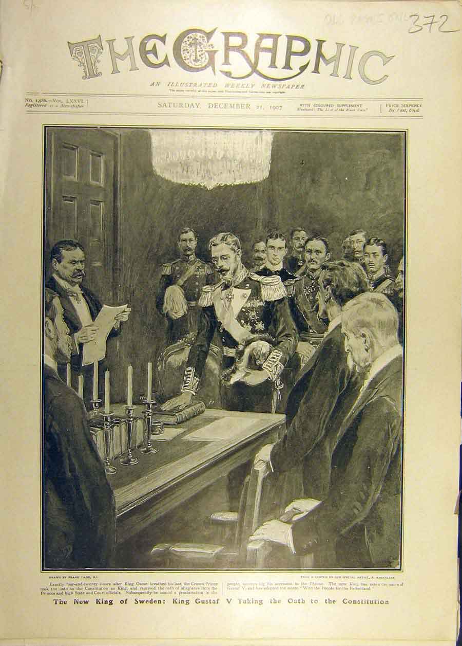 Original Old Antique Print 1907 King Sweden Gustaf V Aoth Constitution 20th