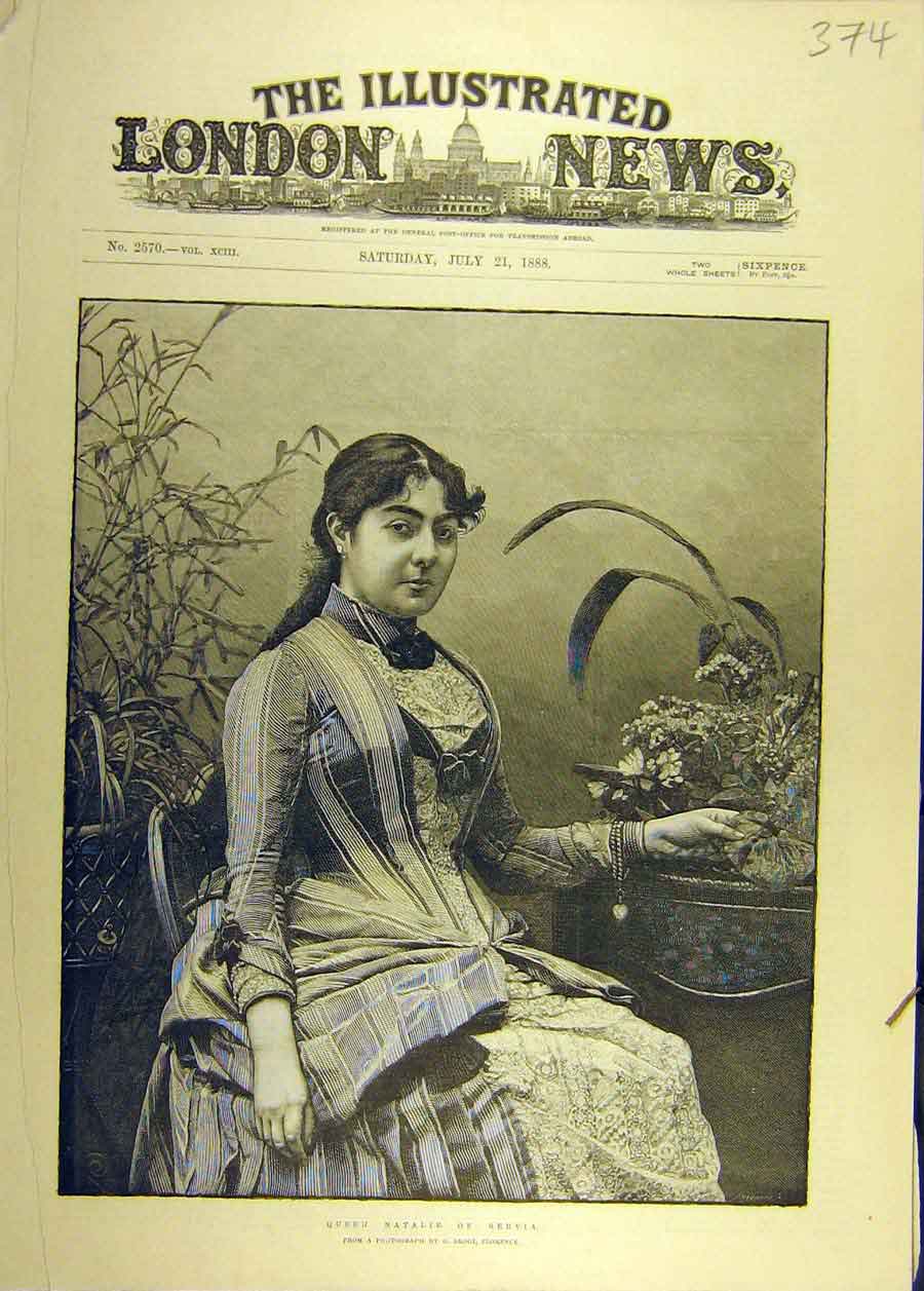 Original Old Antique Print 1888 Portrait Queen Natalie Servia Woman Fashion 19th