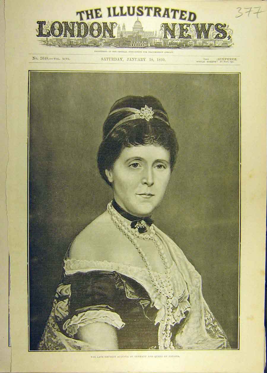 Original Old Antique Print 1890 Portrait Empress Augusta Germany Queen Prussia