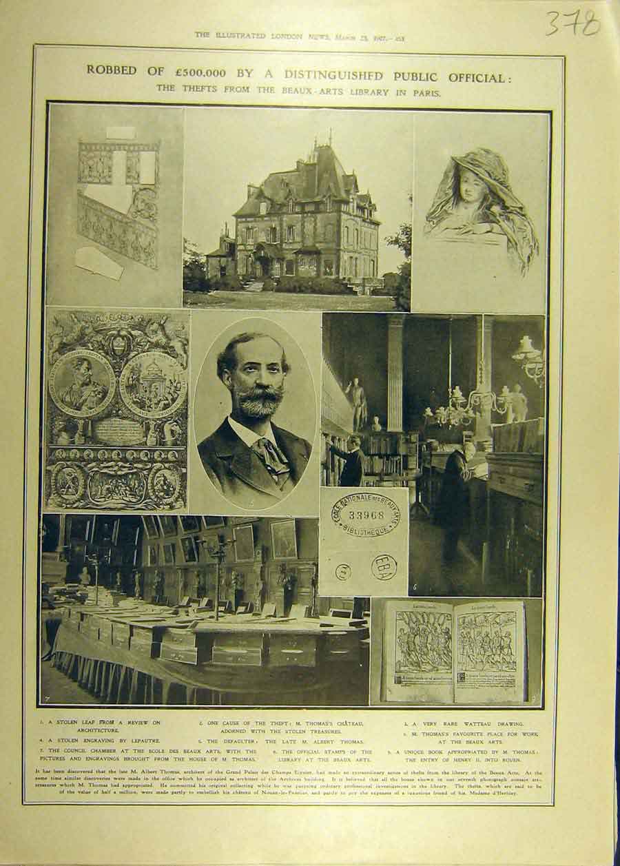 Original Old Antique Print 1907 Theft Beaux Arts Library Paris Robbery 20th
