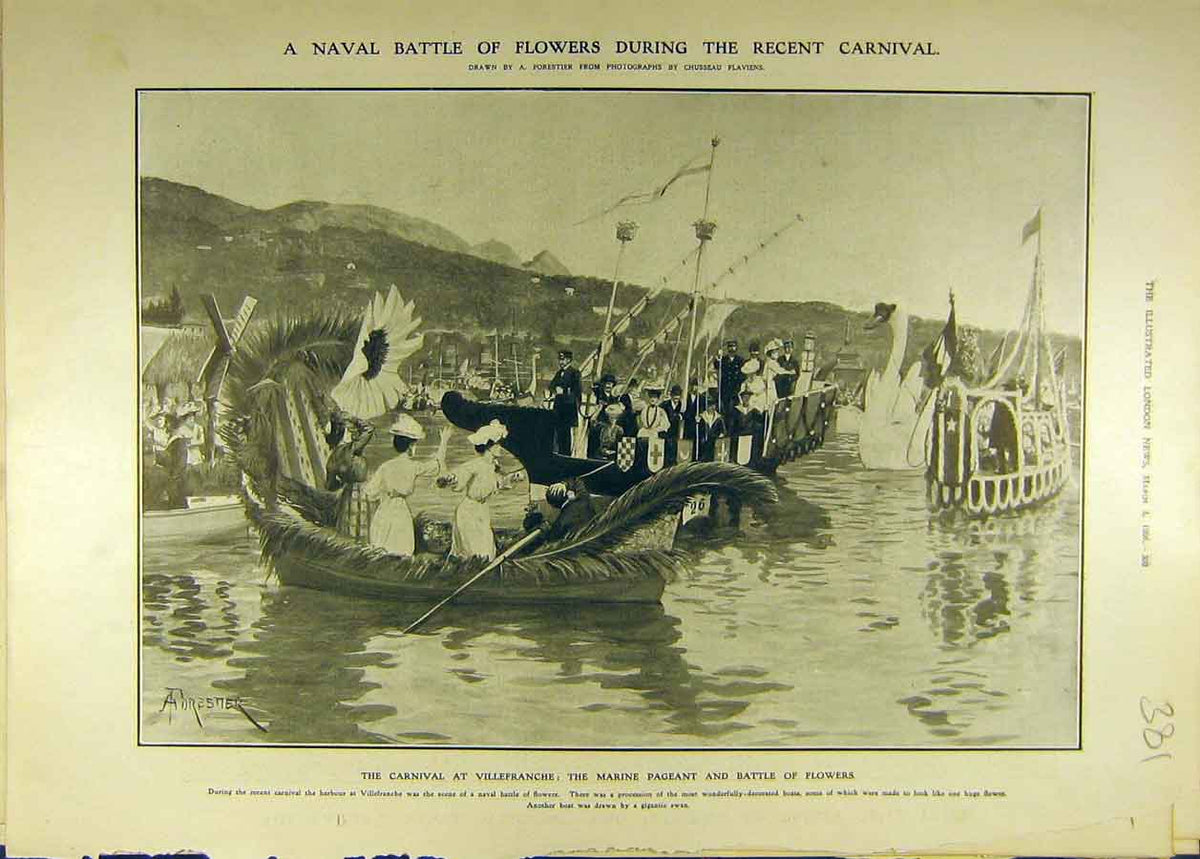 Original Old Antique Print 1906 Navy Battle Flowers Carnival Villefranche 20th