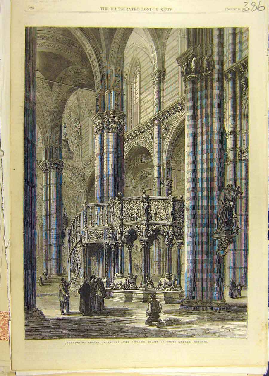 Original Old Antique Print 1860 Interior Sienna Cathedral Pulpit Marble Holy