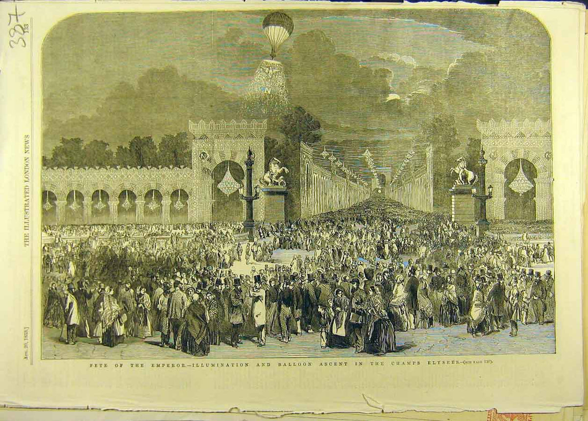 Original Old Antique Print 1853 Champs Elysees Paris Fete Emperor Balloon 19th