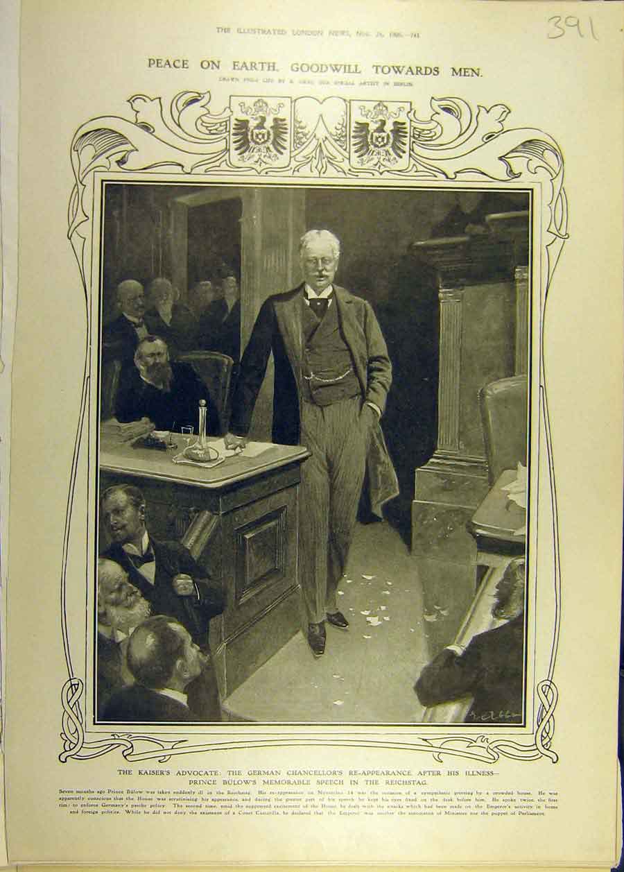 Original Old Antique Print 1906 German Chancellor Illness Prince Bulow Reichstag