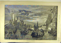Original Old Antique Print 1880 Water Fete Dusseldorf Boat Castle Social History