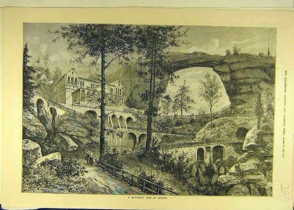 Original Old Antique Print 1884 Mountain Pass Saxony Building Landscape Bridge