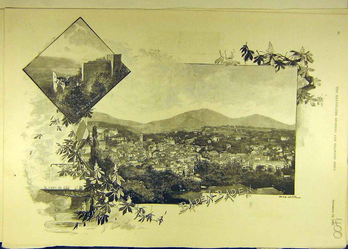 Original Old Antique Print 1891 Baden-Baden Die Burgruine Social History 19th