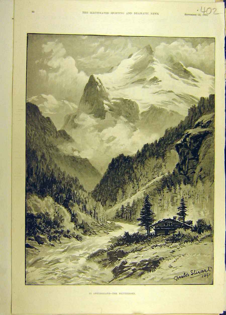 Original Old Antique Print 1891 Switzerland Wetterhorn Mountain View Victorian
