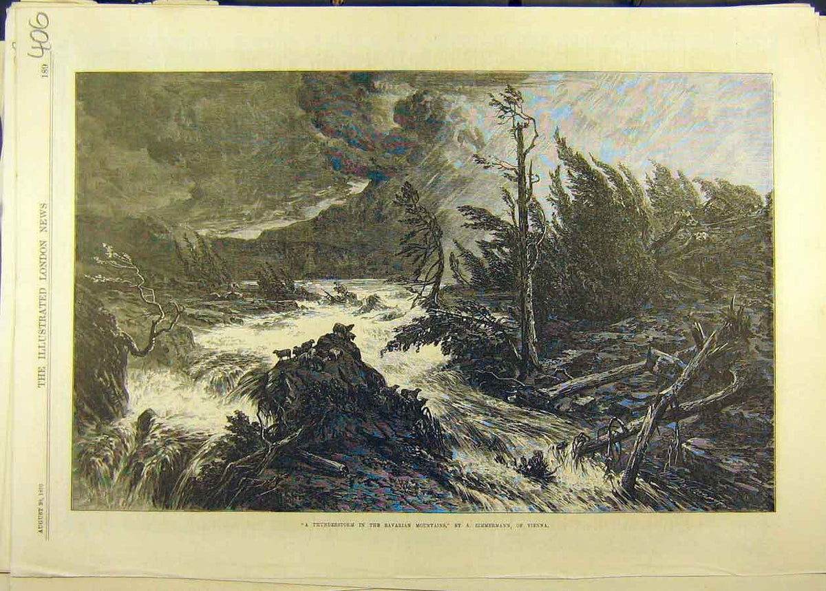 Original Old Antique Print 1870Thunderstorm Bavarian Mountains Zimmermann Vienna
